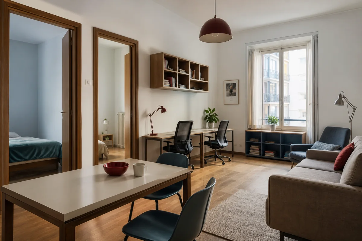 Shared Milan apartment with bedrooms, study desks, dining area, and lounge